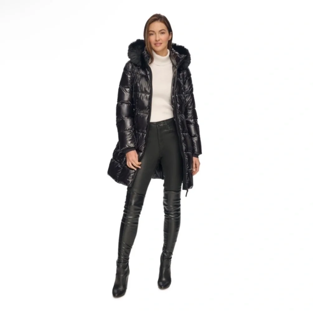 New! DKNY Black Glossy Belted Puffer Coat with Removable Faux Fur Hood - Picture 6 of 16